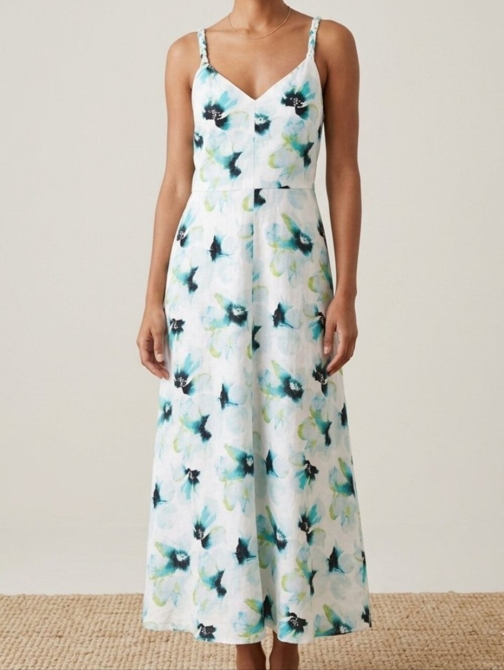 INC International Concepts Floral Maxi Dress Braided Straps White Green Linen L